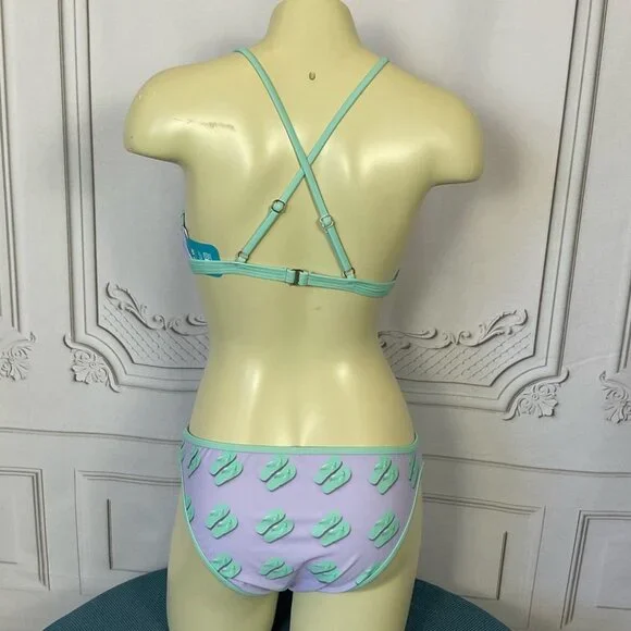Undercurrent 2 Piece Triangle Top Swimsuit Purple Green Flip Flops Juniors Med - Picture 5 of 8